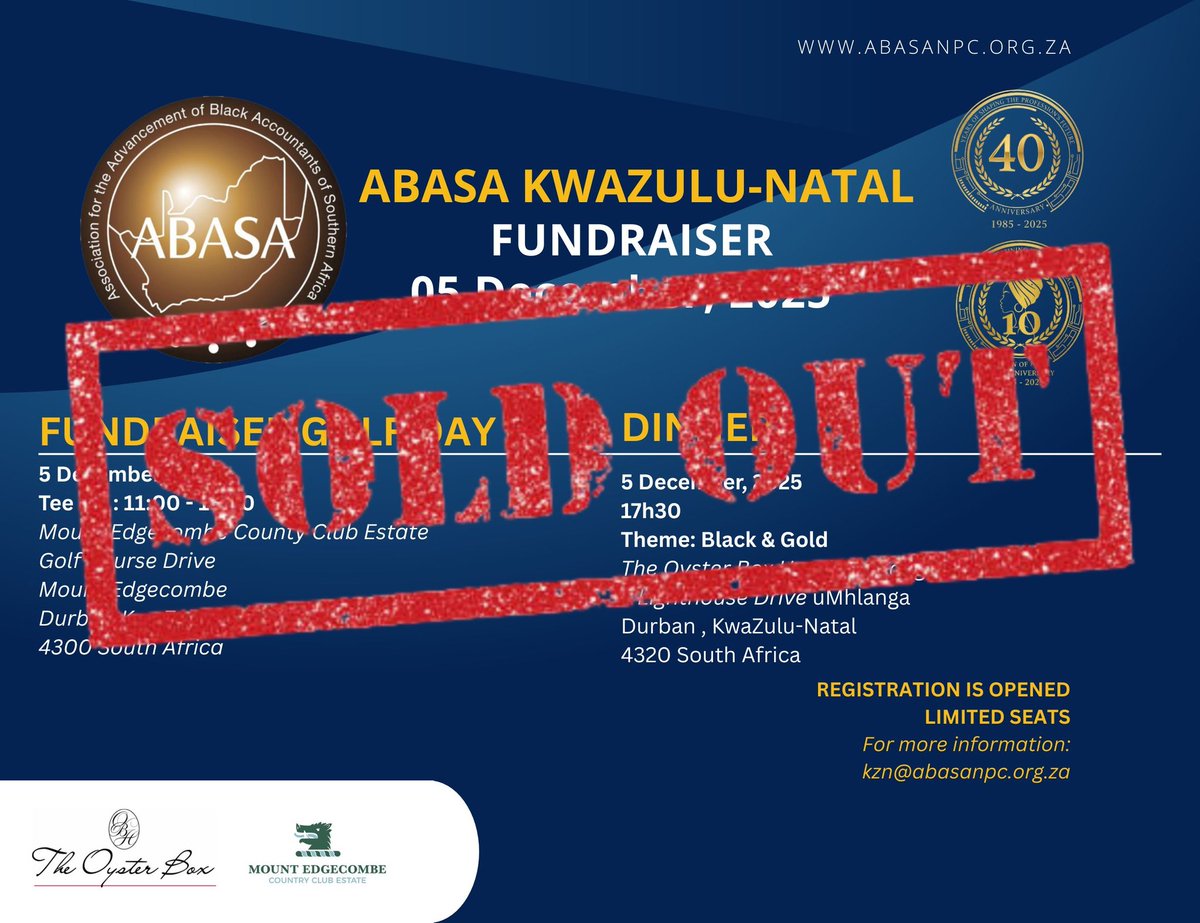 SOLD OUT! 🖤💛

That's the power of the ABASA family! We are officially at capacity for the ABASA KwaZulu-Natal Fundraiser on 05 December.
Thank you for making this a massive success before we even tee off! 

See you all there for the Black &amp; Gold celebration!

#ABASAKZN #ABASA40