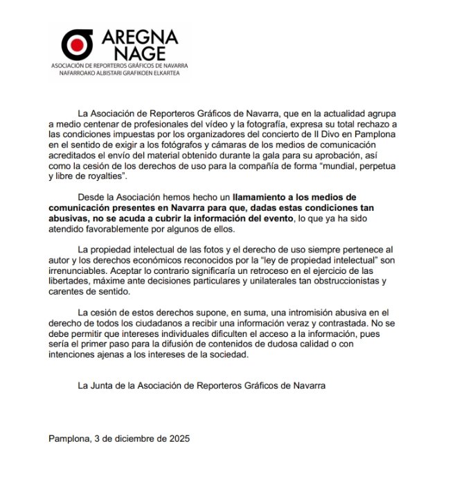‼️Comunicado <a href="/AregnaNage/">AREGNA-NAGE</a> Komunikatua 
❌️Quieren expresar el rechazo a 
las condiciones impuestas por los organizadores del concierto de Il Divo en #Pamplona