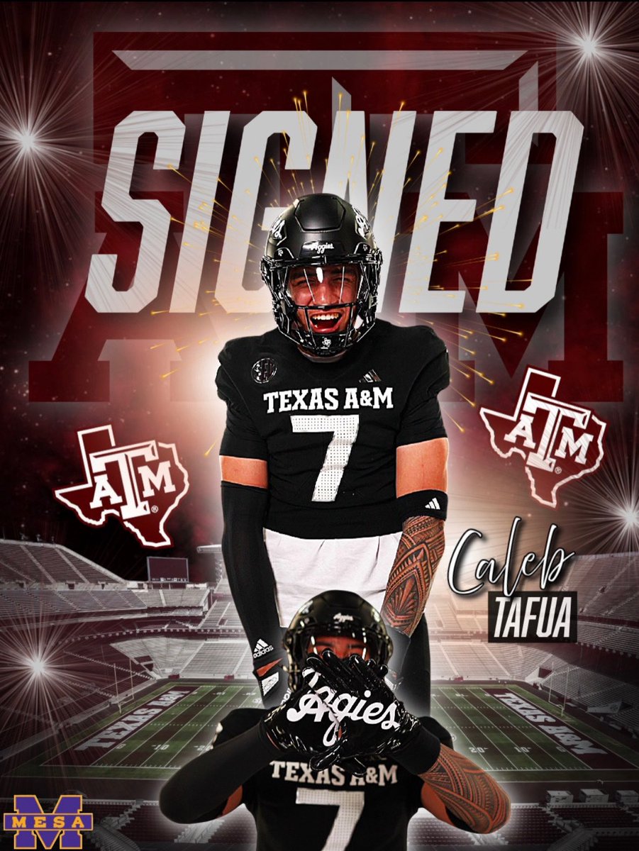 SIGNED. This morning, Caleb Tafua put pen to paper with Texas A&amp;M. He’ll graduate from Mesa High in December and report to College Station in January for spring ball. Ceremony this afternoon — come celebrate our newest Aggie. Gig ’Em! 💜