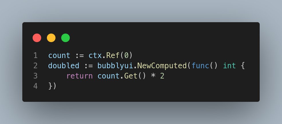 Newb_PyDev's tweet photo. count := ctx.Ref(0)
doubled := bubblyui.NewComputed(func() int {
    return count.Get() * 2
})

No manual subscriptions. No boilerplate. Just reactivity that works. https://t.co/0OXaAHKgrV