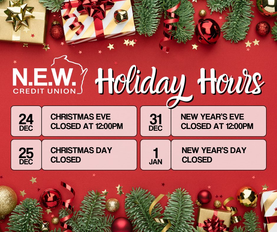 NEWCU's tweet image. Please note our upcoming Holiday Hours. Thanks!