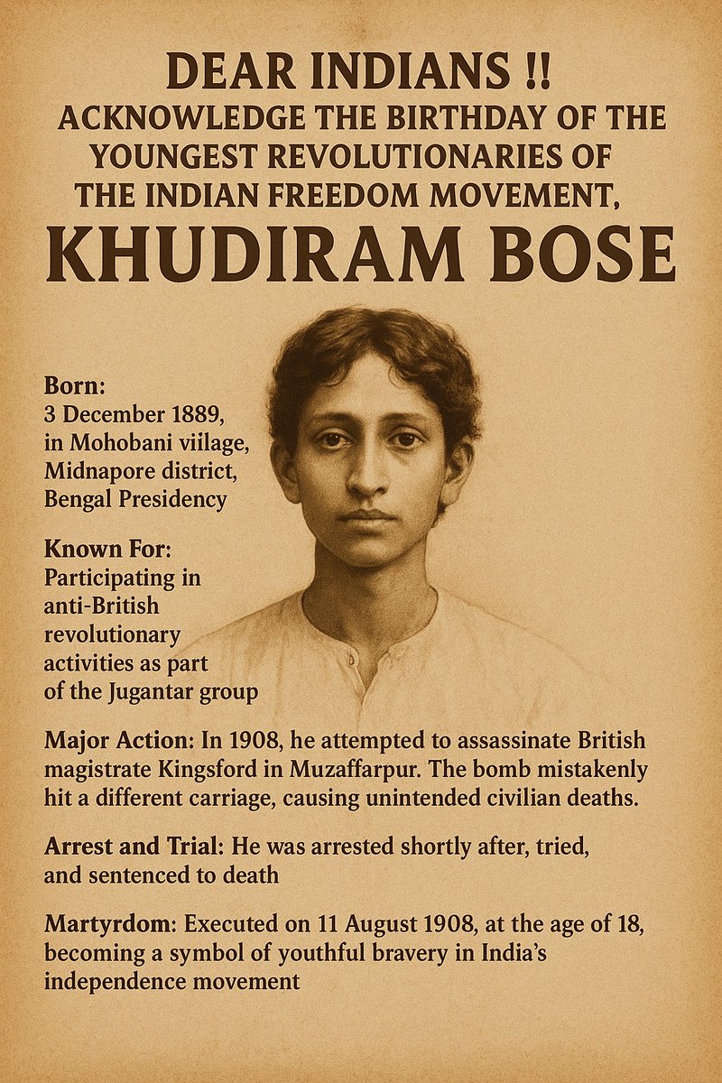 HALDERSAN's tweet image. Dear INDIAN&apos;s !! 
Acknowledge the birthday of the Youngest revolutionaries of the Indian Freedom Movement, &quot;KHUDIRAM BOSE&quot;. 

Born: 3 December 1889, in Mohobani village, Midnapore district, Bengal Presidency. 

Known For: Participating in anti-British revolutionary activities as…