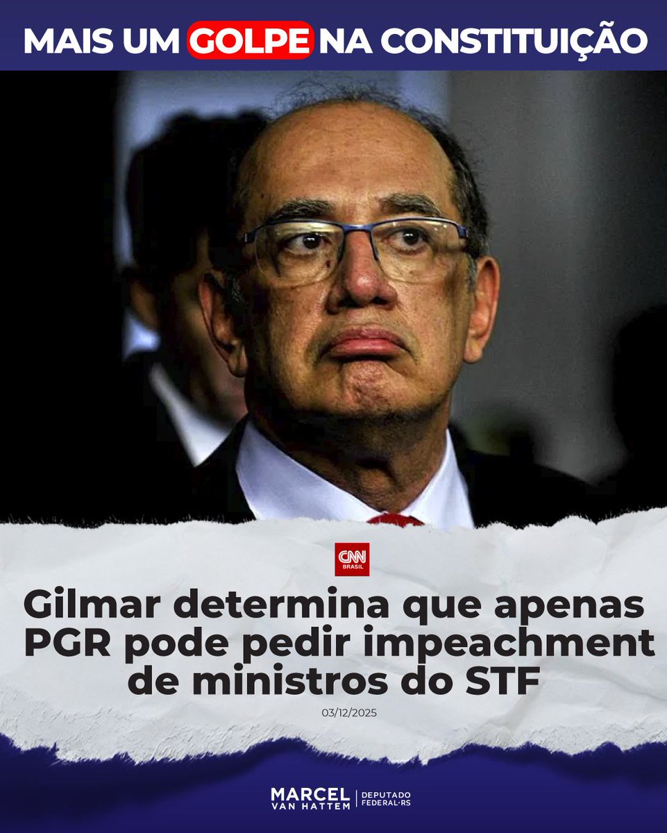 marcelvanhattem's tweet image. Mais um golpe contra a Constituição, vindo justamente de quem deveria protegê-la. A lei é clara: qualquer cidadão pode pedir o impeachment de um ministro do STF. Mas, ao transferir essa prerrogativa para a Procuradoria-Geral da Republica, fecha-se a porta para a democracia,…