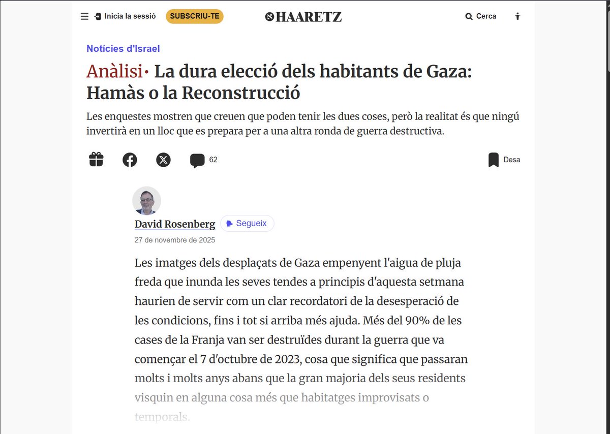 MontseAvril's tweet photo. Deportació voluntària?
https://t.co/SG6WghAFO1
#RebuildGaza #GazaRecovery #GazaReconstruction
Gazans' Stark Choice: Either Hamas, or Reconstruction.
La dura elecció dels habitants de Gaza: Hamàs o la Reconstrucció. Ningú invertirà en un lloc que es prepara per a una altra ronda de guerra destructiva. Després d'haver destruït el 80 o el 90% de les estructures de Gaza, l'exèrcit israelià té previst bloquejar la reconstrucció fins que Hamàs sigui desarmat, cosa que Israel no va aconseguir fer després de dos anys de guerra i potser mai no passarà. Aquesta és una altra manera de promoure la deportació "voluntària".