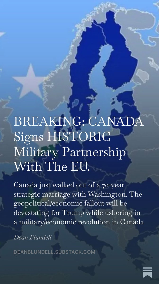 🚨🇨🇦"Our old relationship with the US is OVER."

Canada signs HISTORIC military pact with the EU. 
SAFE deal with the EU + dumping the F‑35 for Gripen (w/ 10k jobs) = a straight‑up repudiation of Trump’s unstable America. 

My Latest:   deanblundell.substack.com/p/breaking-can…