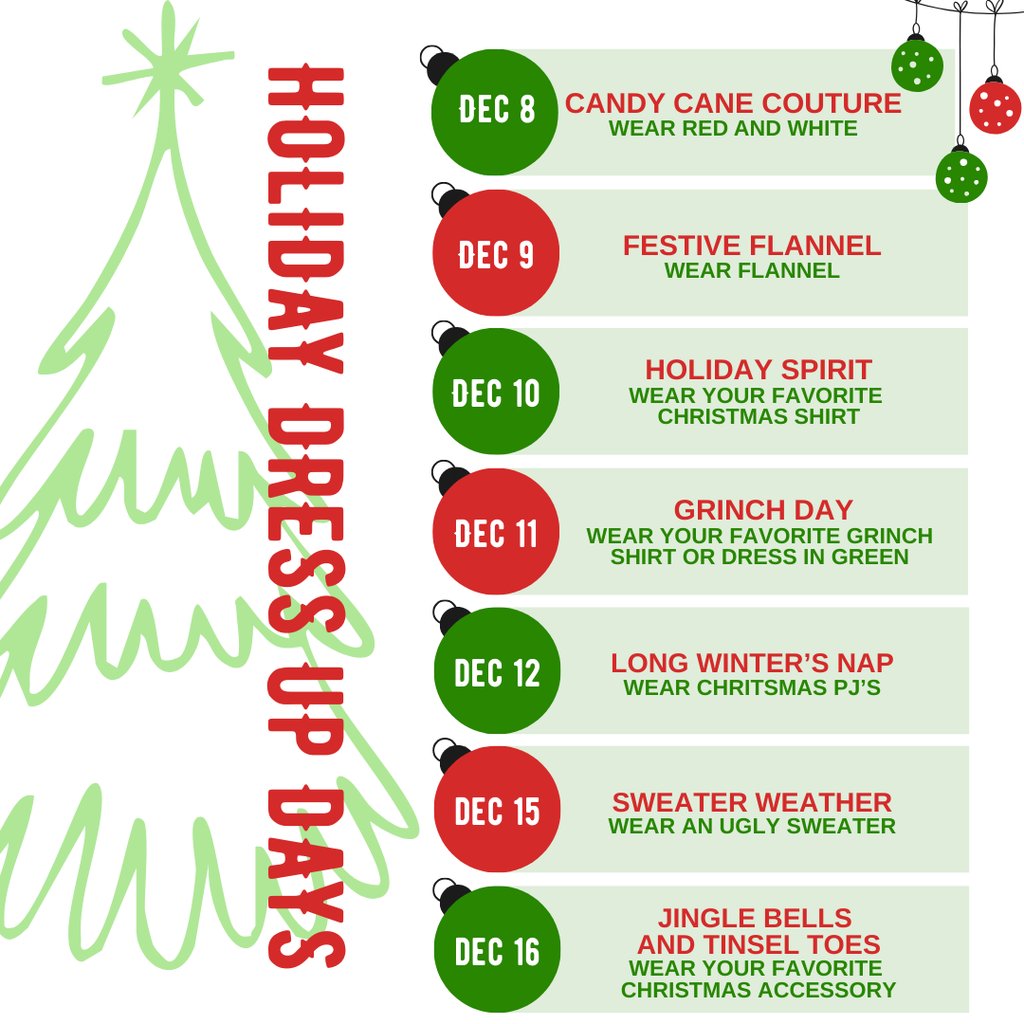 Alcorn_Central's tweet photo. Join the fun next week during our Holiday Dress-up Days. Take a look at the holiday fun that will occur starting Monday, December 8 and plan to participate! https://t.co/DfQNjxDSwk