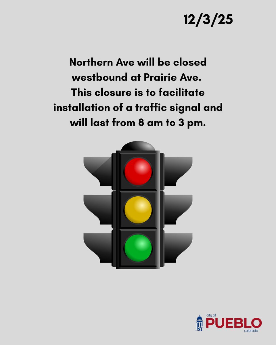 Please be aware on Wednesday, December 3, 2025 Northern Ave will be closed westbound at Prairie Ave. This closure is to facilitate installation of a traffic signal and will last from 8 am to 3 pm.