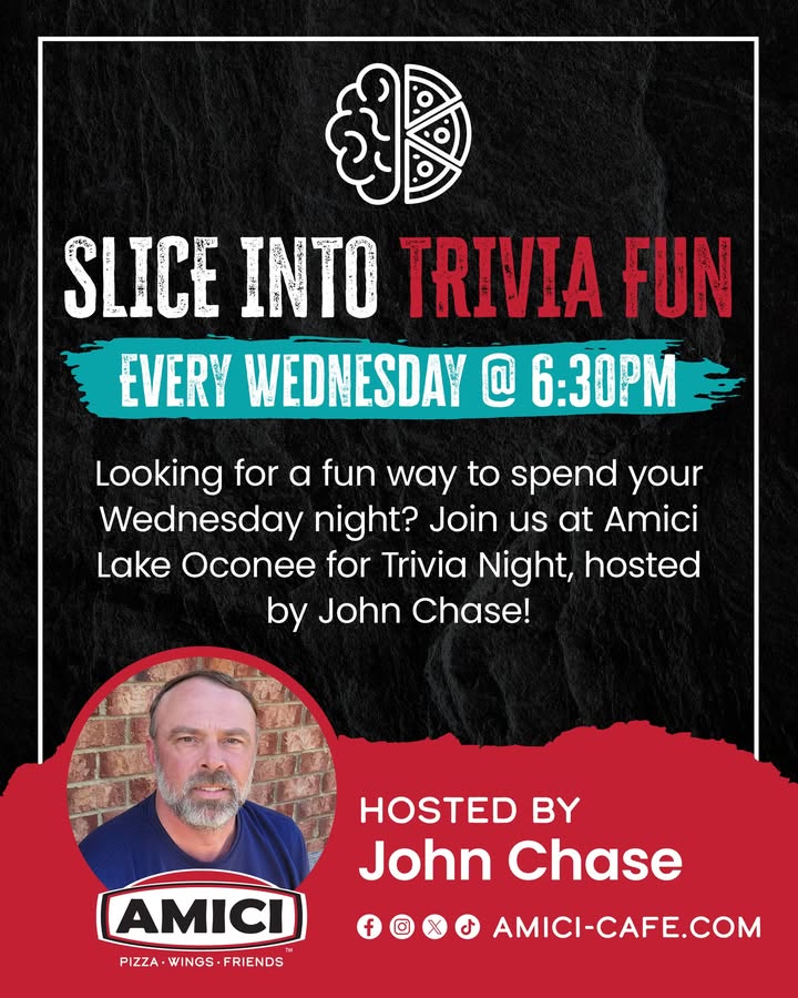 It’s Wednesday, which means Trivia Night at Amici Lake Oconee! 🧠

Join us at 6:30 PM with host John Chase for great questions, good vibes, and plenty of pizza and wings! 🍕🍗

#PizzaWingsFriends #AmiciLakeOconee #GreensboroGA #TriviaNight #JohnChase