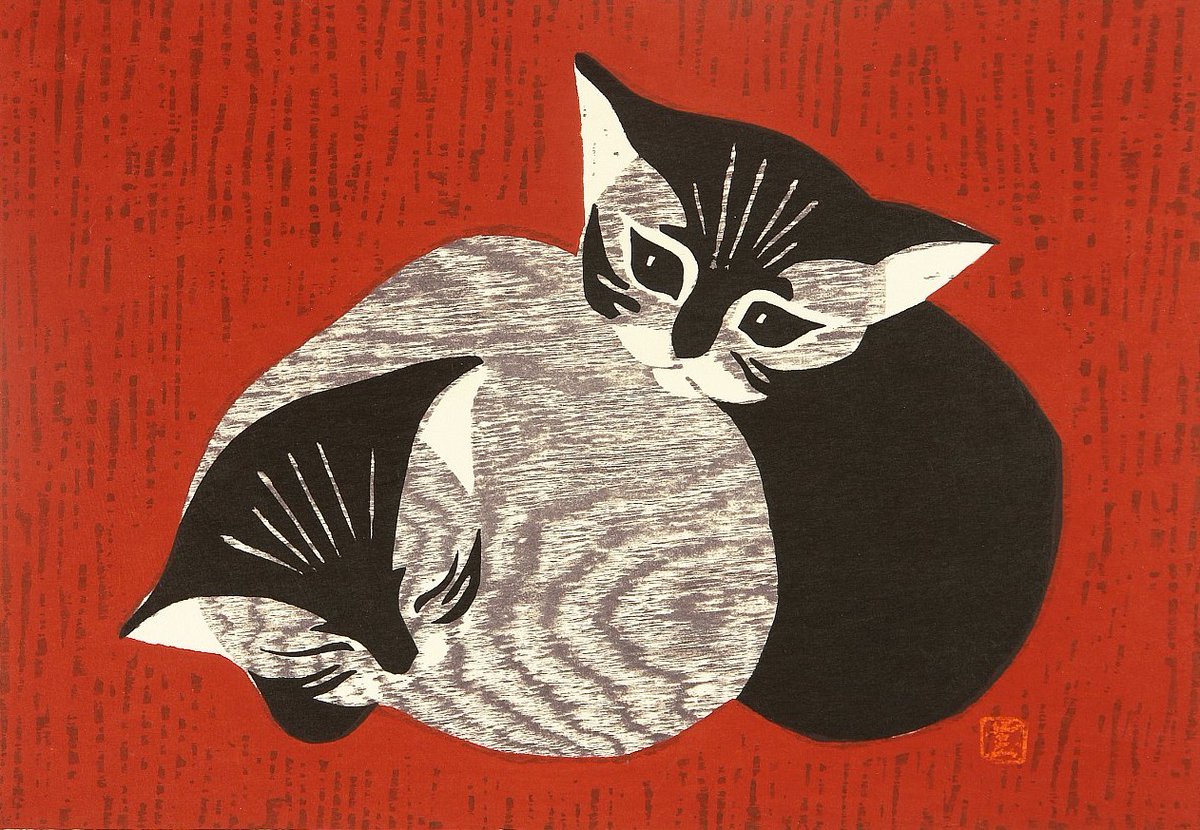 archaeologyart's tweet image. Two Kittens. Artist: Kawano Kaoru (1916–1965). Date: c. 1950s AD. Medium: Japanese woodblock print. Credit &amp;amp; Collection: Bonhams.