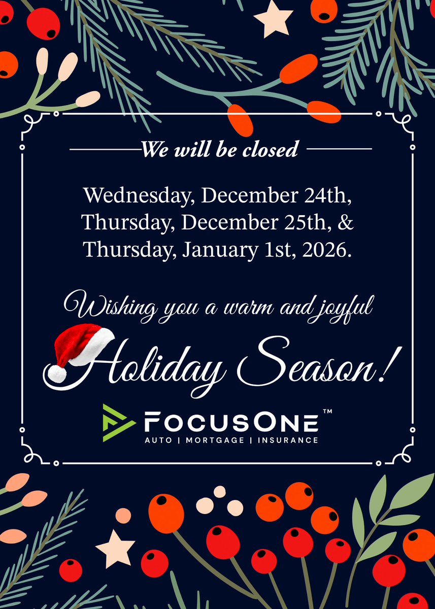 FocusOneNow's tweet photo. We will be closed Dec 24–25 for Christmas and Jan 1, 2026 for New Year’s Day.
Wishing you a festive holiday season and a bright year ahead.
#FocusOne #MerryChristmas #HappyHolidays #HappyNewYear #HolidayClosure #Christmas2025 #NewYear2026 https://t.co/xP9hVI4o4P