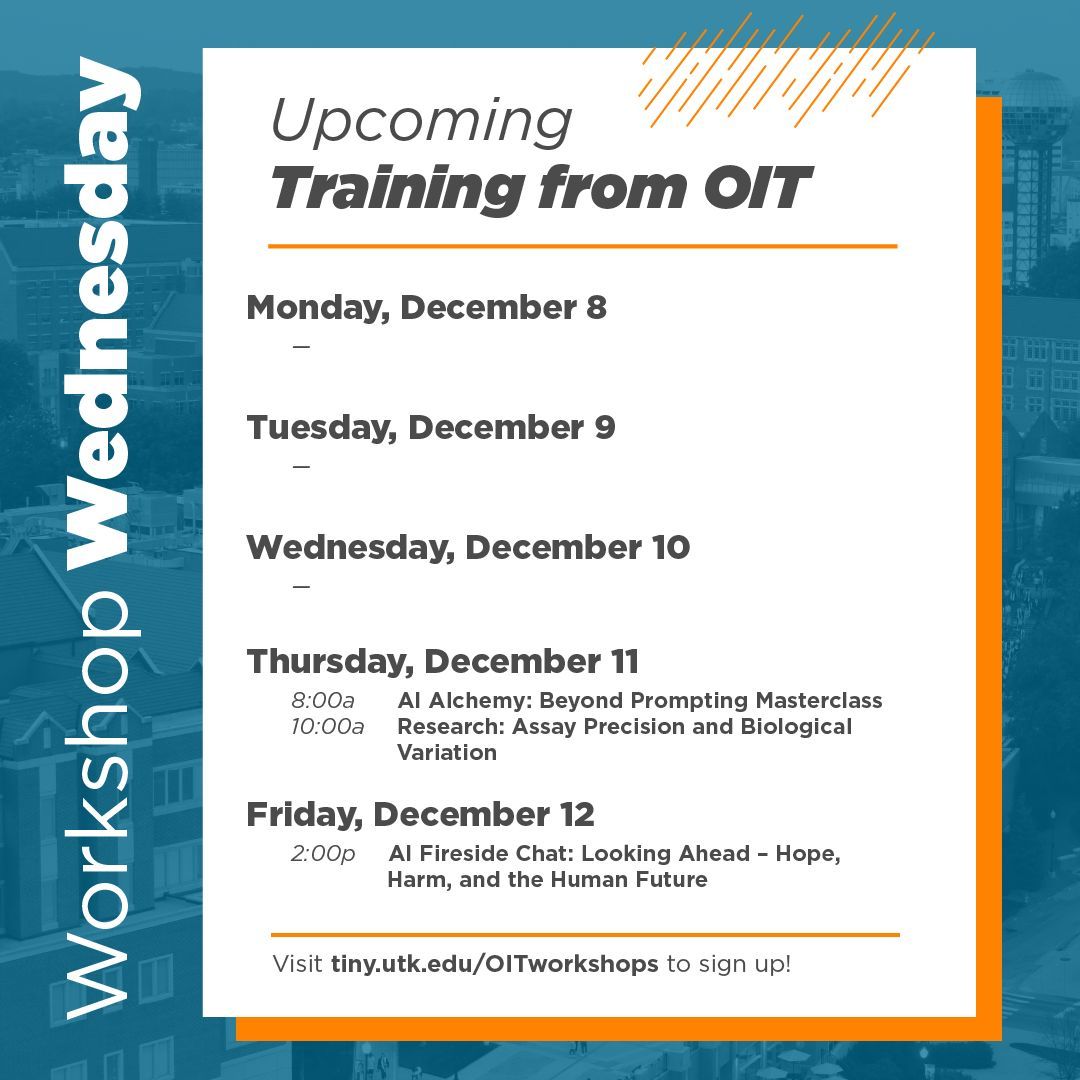 UT_OIT's tweet image. Don&apos;t miss our final week of workshops before the winter break! Get to know more about AI and assay measurements for research. Register here: tiny.utk.edu/OITworkshops
