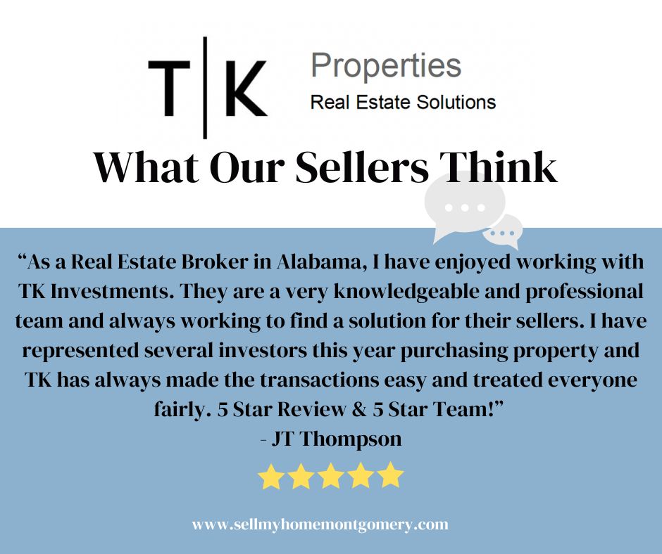 tkinvestmentsgr's tweet image. Proud to work with TK Investments! Their professionalism and solutions for sellers are top-notch. Thank you for your trust! 💙 #TKProperties #ClientReview #RealEstateProfessionals #MontgomeryAL #5StarTeam