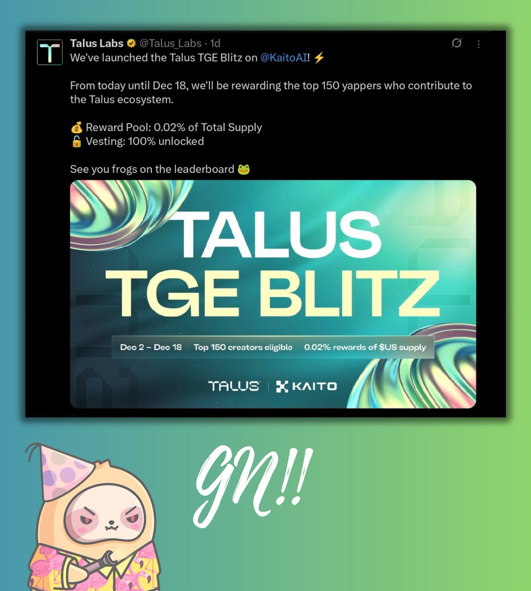 early sleep today guys

salute to everyone who keeps showing up even when it feels heavy

btw <a href="/Talus_Labs/">Talus Labs</a> launch campaign runs until Dec 18 still 15 days left top 150 get rewarded

if you are interested Talus is building the future of on-chain AI agents
AI 

their system uses