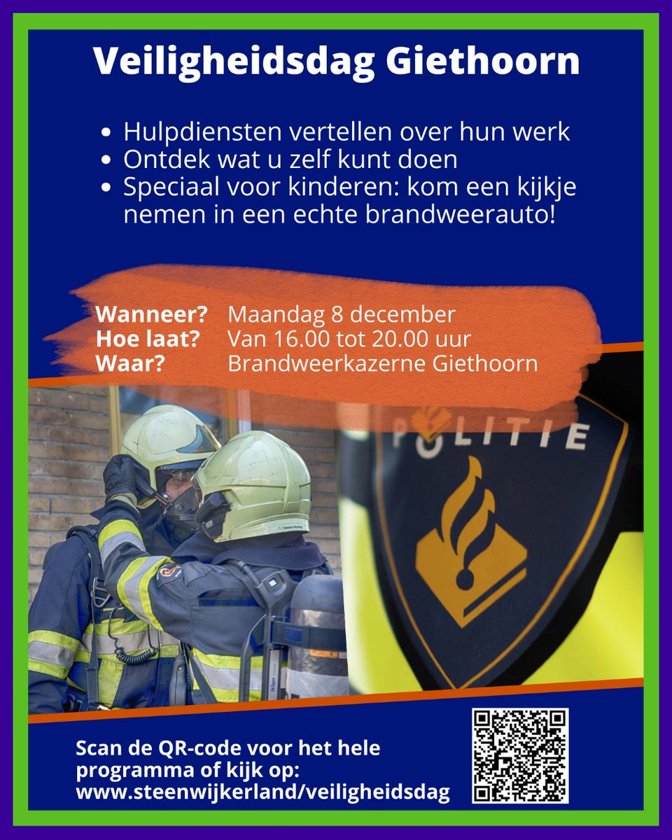 🚒 Maak kennis met het werk van onze hulpdiensten, ontdek wat u zelf kunt doen én beleef het van dichtbij - kinderen mogen zelfs een kijkje nemen in een echte brandweerauto! 

Het hele programma bekijken? 👉 bit.ly/48vs8U5
