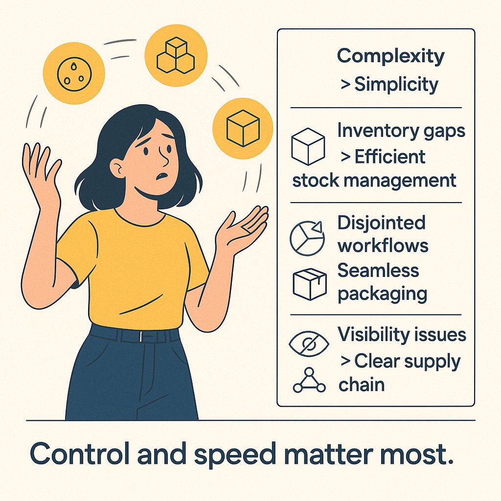 Stop juggling too many processes.  

Complexity > Simplicity.  
Inventory gaps > Efficient stock management.  
Disjointed workflows > Seamless packaging.  
Visibility issues > Clear supply chain.  

Control and speed matter most.