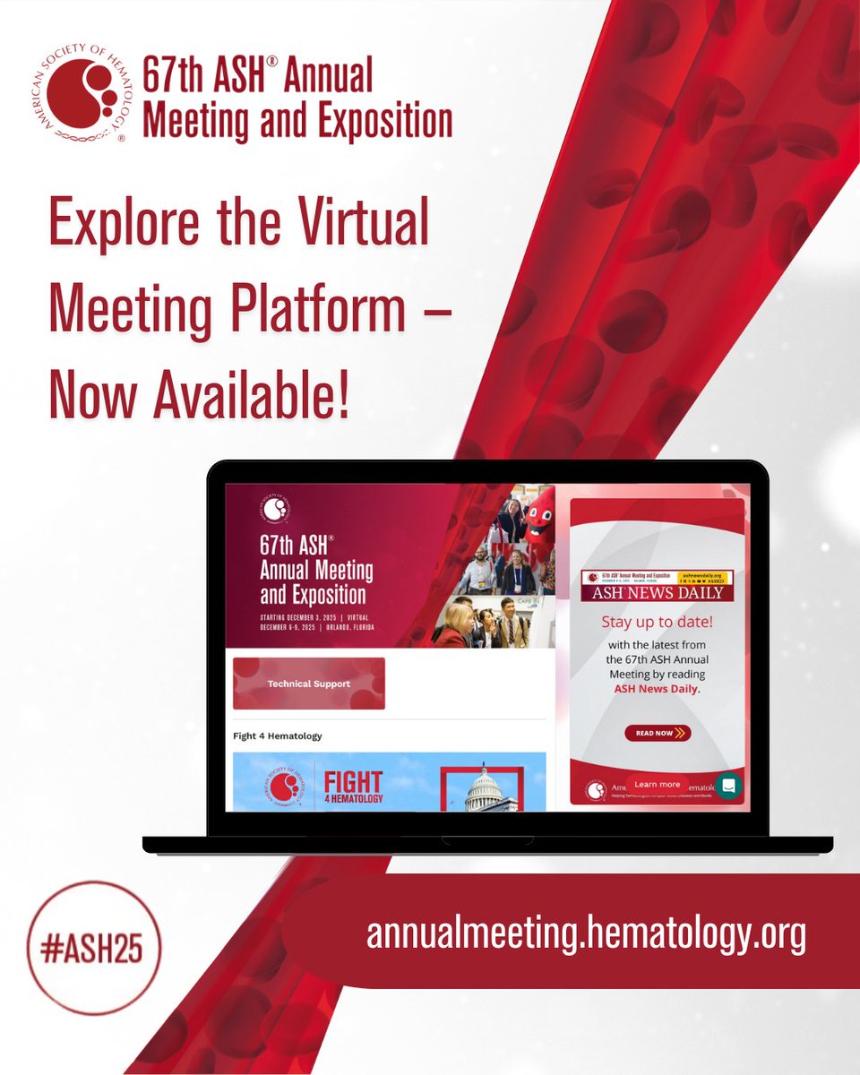 ASH_hematology's tweet photo. The #ASH25 virtual platform is now live! Log in now using the ASH username and password you used to register for the annual meeting: https://t.co/3jw8qOrd7x 

🌟Your bonus and preview content await. Plus, explore networking, exhibits, and more on the virtual platform! https://t.co/R5IojaNglB