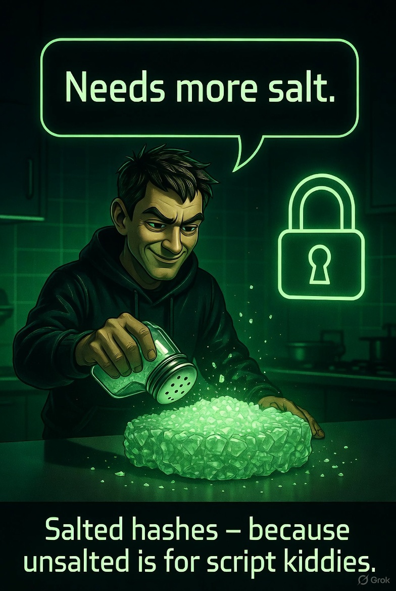 CISOGrit's tweet image. What’s a hacker’s favorite seasoning?
Salted hashes!