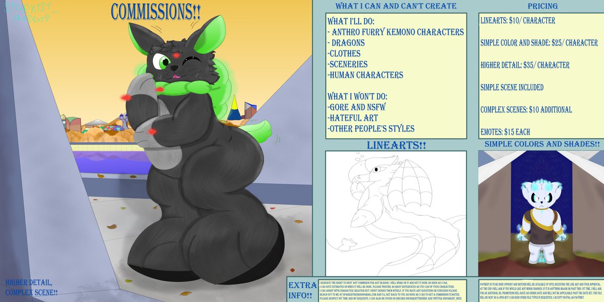 I would like to announce that I will officially be opening commissions, three slots at a time! Your characters, your ideas, you name it, and I'll make it! There will be events that go on too! Please reach out to me if you are curious about what else I do and any questions for me!