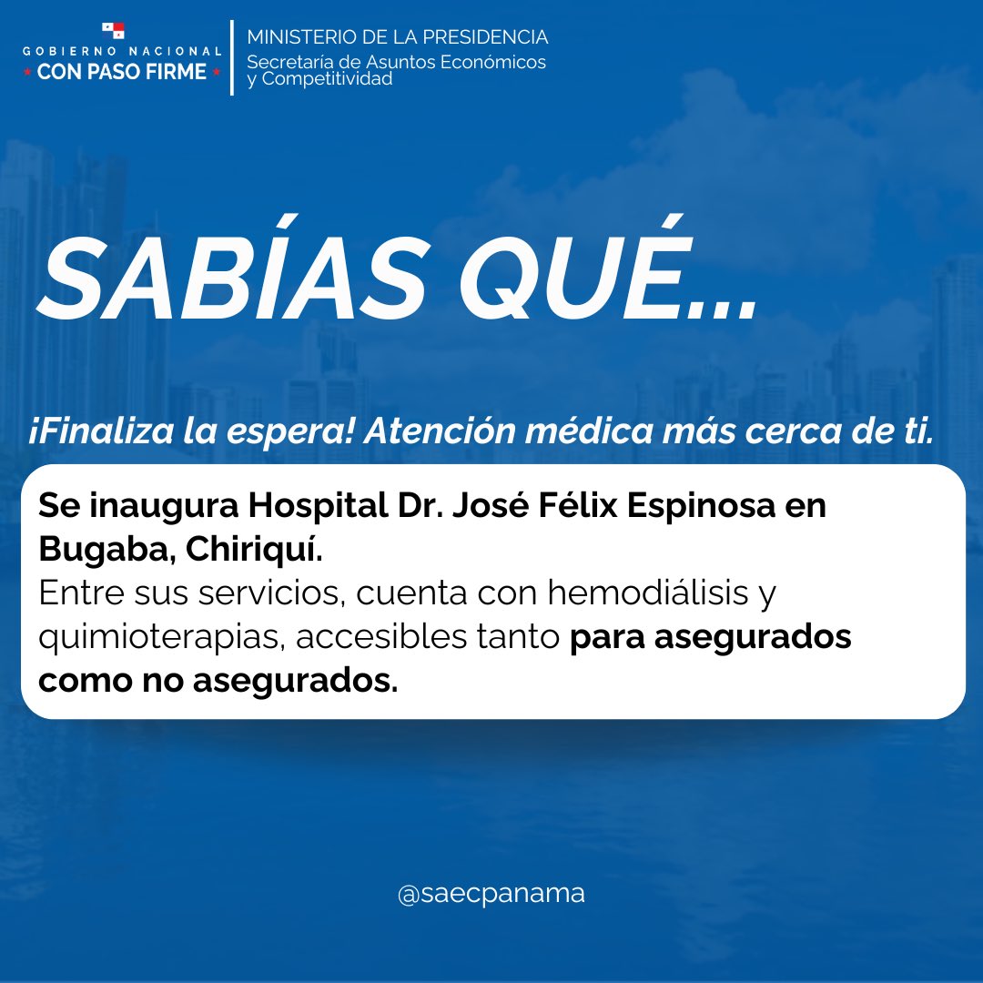 Panamá avanza: Presidente Mulino entrega a chiricanos moderno hospital en Bugaba, Chiriquí🏥
Garantizando una mejor calidad de vida✅ <a href="/MINSAPma/">Ministerio de Salud de Panamá</a> 
#PanamáCompetitivo #Panamá #Competitividad 

🌐Enlace: presidencia.gob.pa/publicacion/pr…