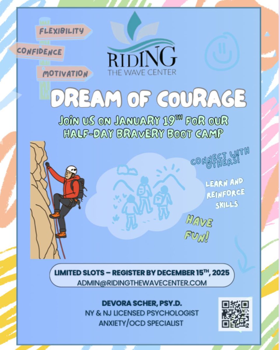RutgersGSAPP's tweet image. #GSAPP Alumna Dr. Devora Scher (School PsyD, 2021) is making a difference!
🌊 Her center, Riding the Wave, is hosting “Dream of Courage,” a half-day MLK Day boot camp where kids build #confidence &amp;amp; #copingskills thru #CBT, goal-setting, &amp;amp; fun activities.
ridingthewavecenter.com/one-day-experi…