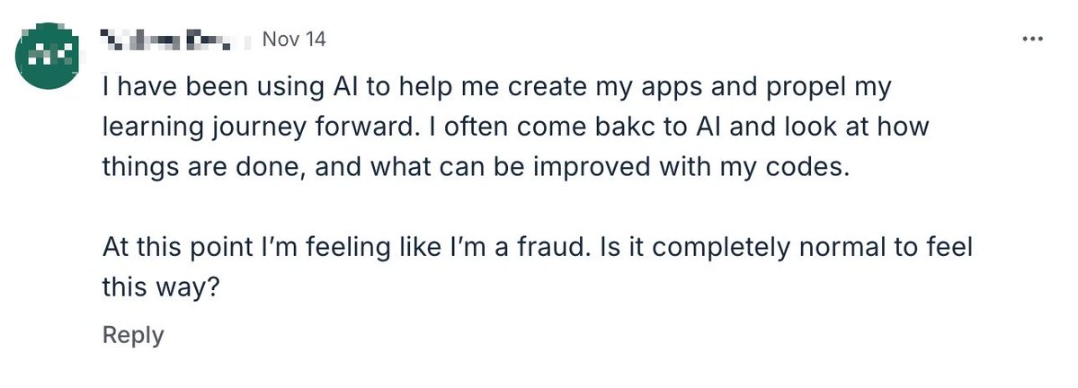 CodeWithChris's tweet image. So one of my students left this comment in our community. If you’re in a similar situation, here’s what I think: 
AI is everywhere and it’s pretty much unavoidable. 

So if you’re facing frustration and constant roadblocks, I can imagine how tempting it is to just ask AI to do…