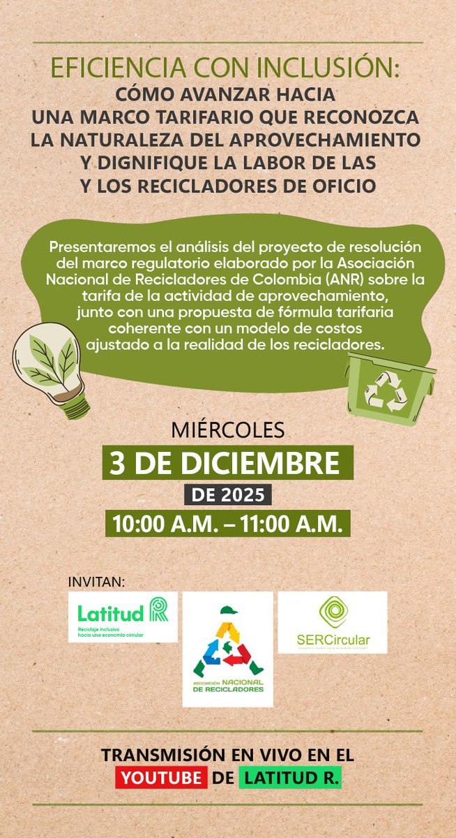 Ya inicia el  webinar “Eficiencia con inclusión: Cómo avanzar hacia un marco tarifario que reconozca la naturaleza del aprovechamiento y dignifique la labor de las y los recicladores de oficio”.
▶️ Transmisión en vivo: canal de YouTube de Latitud R  youtube.com/@LatitudR