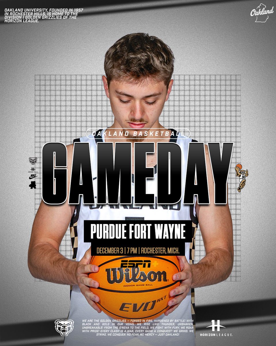 OaklandMBB's tweet image. On Horizon time.

🆚 - Purdue Fort Wayne
⏰ - 7 p.m. ET
📍 - OU Credit Union O’rena
🎟️ - tinyurl.com/OUMBBTix
📺 - @ESPNPlus
📻 - tinyurl.com/ff7sahk5
📊 - tinyurl.com/km76sh4m

#UnleashTheGrizz | #HLMBB