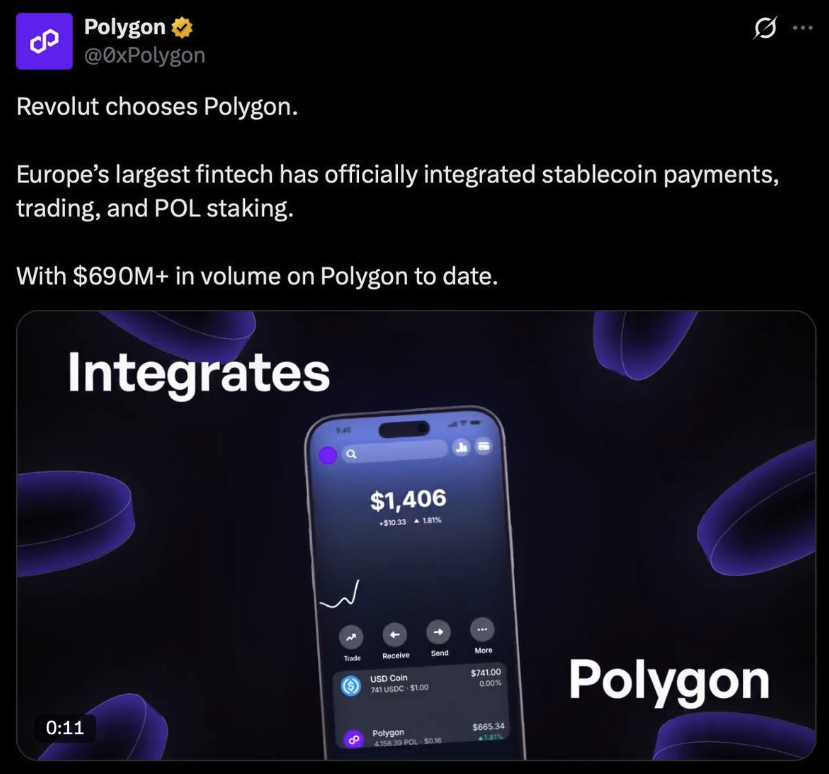 GokuPrimeXBT's tweet photo. Not too long ago, @0xPolygon announced a major partnership with Revolut, Europe's biggest fintech player, bringing stablecoin payments, trading, and even $POL staking straight into one of the most widely used apps on the continent.

They've already pushed over $10B in stablecoin remittances, and in Latin America alone they cleared $380M in November, which made up nearly 90% of the region's activity.

Since the integration went live, @Revolut users have already moved $690M+ through Polygon, and this is still the early stage of the rollout.

When you look at the fundamentals, it just fits.

Fast finality, low fees, and a developer base loaded with resources make Polygon one of the few networks actually wired for mass adoption.

When institutions roll out real volume, they'll always default to the infra that proves it can handle it.