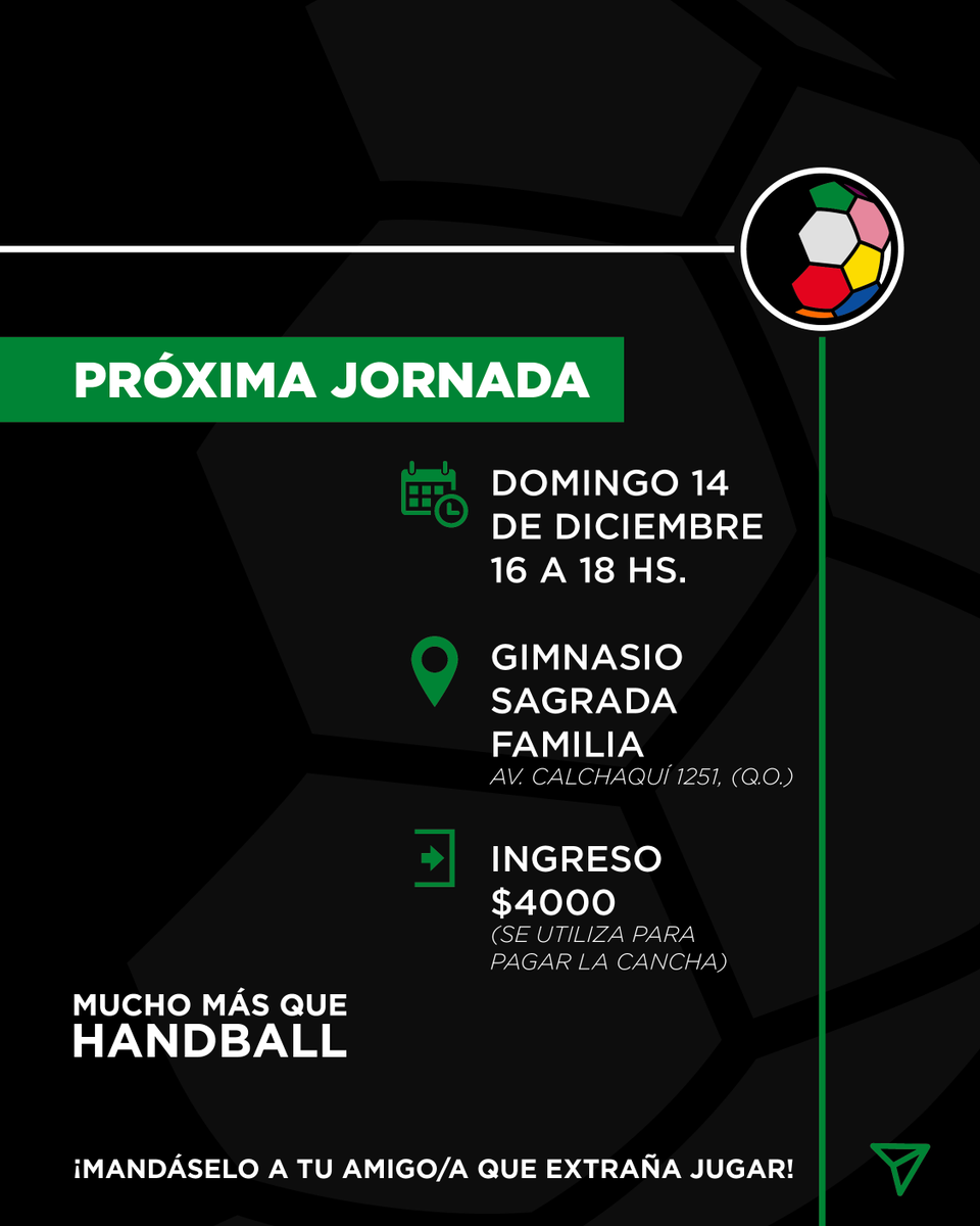 ¿Se terminó el año deportivo? ¡A que no!

PRÓXIMA JORNADA:
📅 Domingo 14 de diciembre
⏰ 16 a 18 hs.

📍 Gimnasio Sagrada Familia
💲 Ingreso: $4000

✍ ¡No te olvides de INSCRIBIRTE ANTES!
💰 Recordá que a partir de ahora se paga ANTES de jugar.