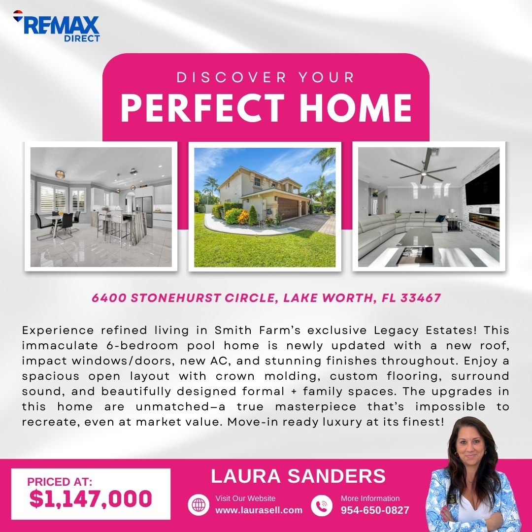 laurasellsflcom's tweet image. 📍 6400 Stonehurst Circle, Lake Worth, FL 33467
💰 $1,147,000

🏡 “A Masterpiece of Design. A Lifestyle of Luxury.” 🏡

Call Laura Sanders | 954-650-0827
#SmithFarm #LegacyEstates #LakeWorthRealEstate #LuxuryHomesFL #PalmBeachHomes #PoolHomeForSale #LauraSandersRealtor