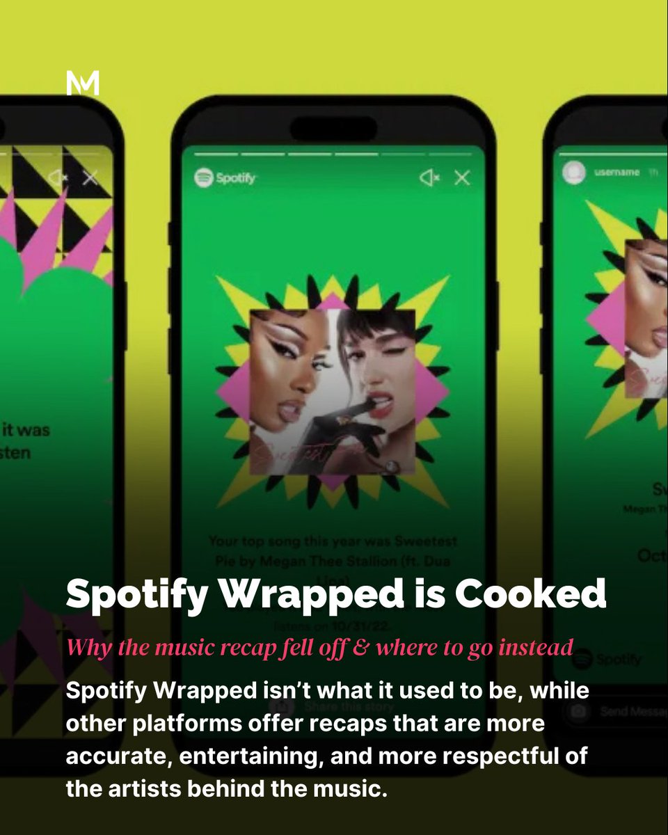 projectNEWM's tweet photo. Spotify Wrapped isn’t what it used to be, and at this point, even if Spotify manages to fix the 2024 mess, the magic isn’t guaranteed to return. 

Meanwhile, other platforms are already offering recaps that are more accurate, more entertaining, and, frankly, more respectful of the artists behind the music. 

Peep the full article for a breakdown on where Spotify went wrong and what platforms are doing it right →

https://t.co/CElideCCuS
