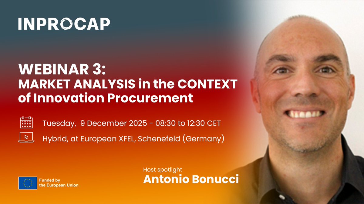 InprocapProject's tweet image. 📘 Host spotlight - #INPROCAP #Webinar 3 on Market Analysis in #InnovationProcurement
Meet Antonio Bonucci from @‌european XFEL on 9 Dec 2025. A sound expert with 14+ years of private-sector experience.
🔗 More: shorturl.at/TPIMB
