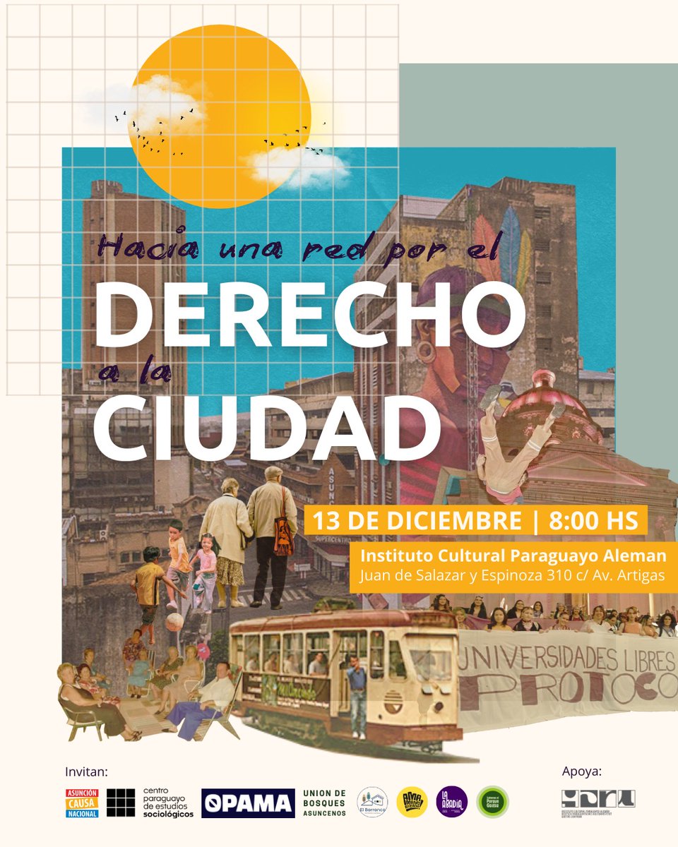 ORGANIZACIONES CIUDADANAS LANZAN CICLO DE ENCUENTROS POR EL DERECHO A LA CIUDAD EN ASUNCIÓN METROPOLITANA

Organizaciones ciudadanas convocan a personas y organizaciones de Asunción y el área metropolitana, al primero de un ciclo de encuentros por el derecho a la ciudad, es
