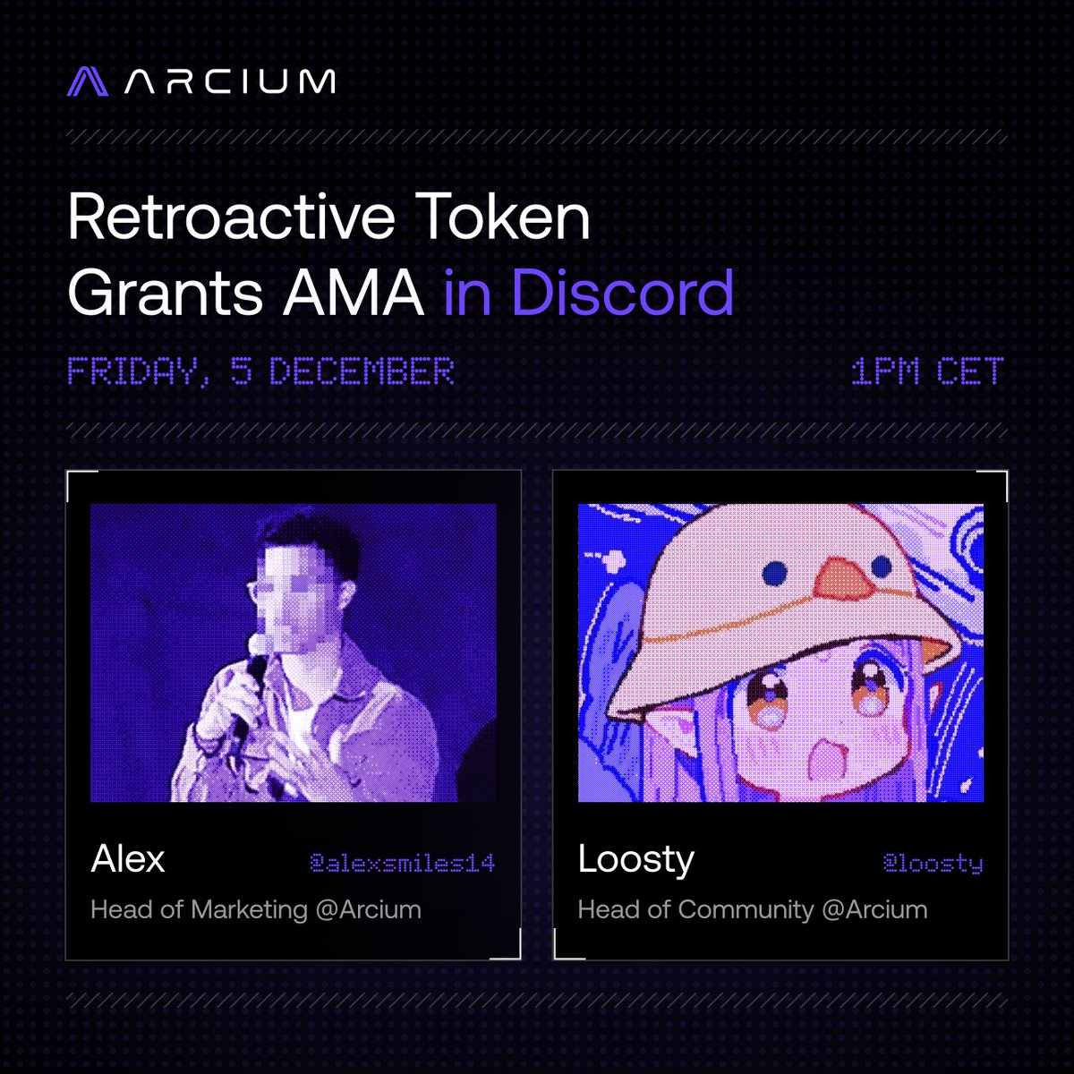 Arcium's tweet image. We’ll be hosting an AMA this Friday at 1 PM CET.

All your questions regarding Retroactive Token Grants will be addressed.

See you there! ↓