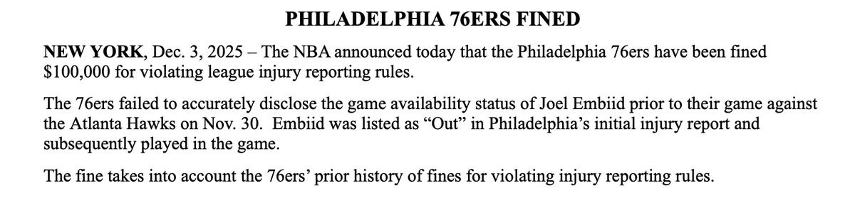 davidaldridgedc's tweet image. The NBA fines the 76ers $100K: