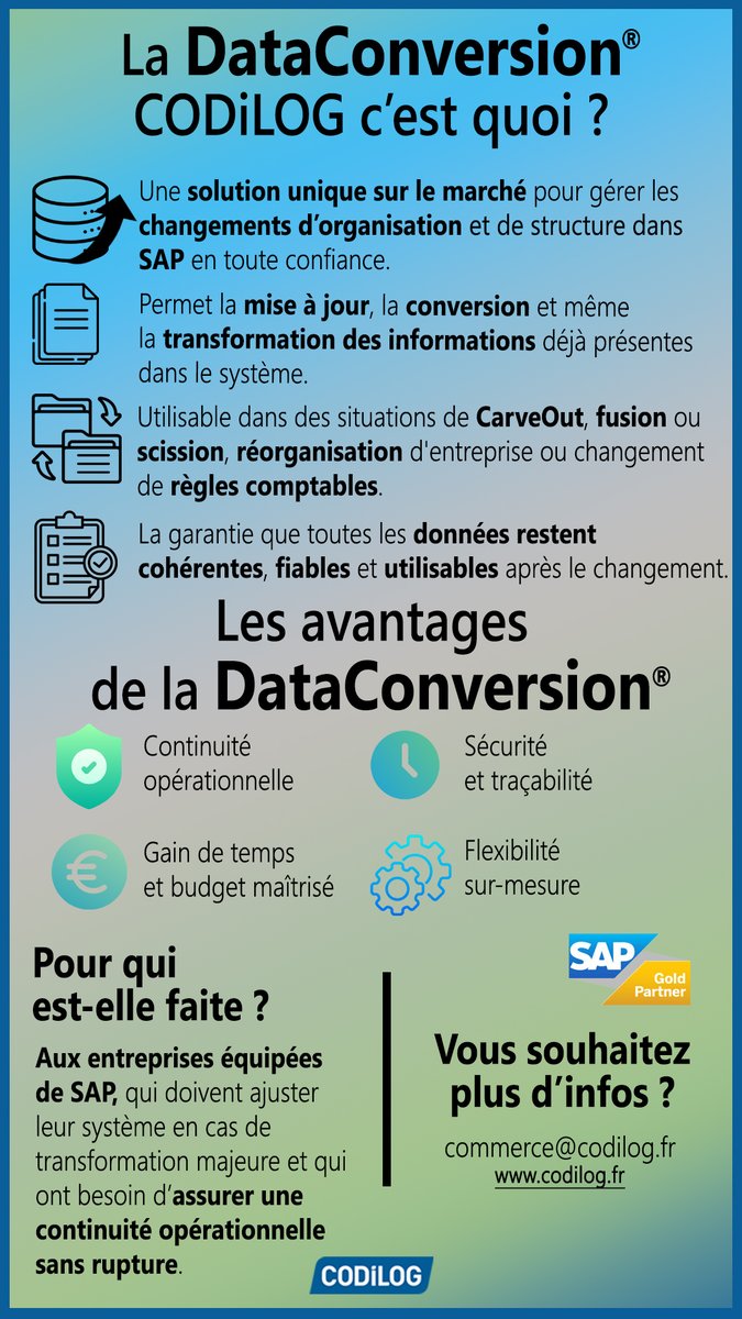 CODiLOG's tweet image. Vous devez faire évoluer votre organisation sous SAP❓
La solution DataConversion® permet d’adapter, convertir et sécuriser vos #données #SAP pour garantir une transition sans risques : continuité opérationnelle, traçabilité, flexibilité et budget maîtrisé. #comptabilite #data