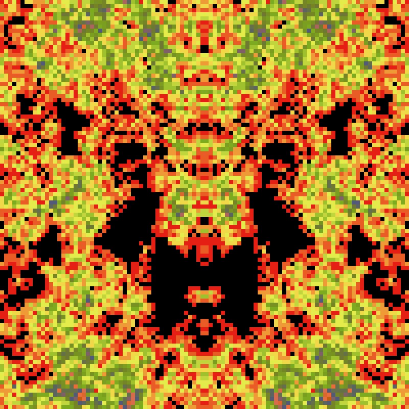 PatternRandom's tweet image. Low-res mirrored palettewalk
iterations=17838,levels=21,seed=696266563,cols=7,c1=e51f14,c2=f3f752,c3=7daa1e,c4=737d27,c5=525a77,c6=ec6f44,c7=c35c13