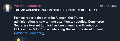 sjdedic's tweet image. Trump going all in on robotics.

Betting on crypto x robotics to get a giga season, similar to what we have seen with crypto x AI the last years.