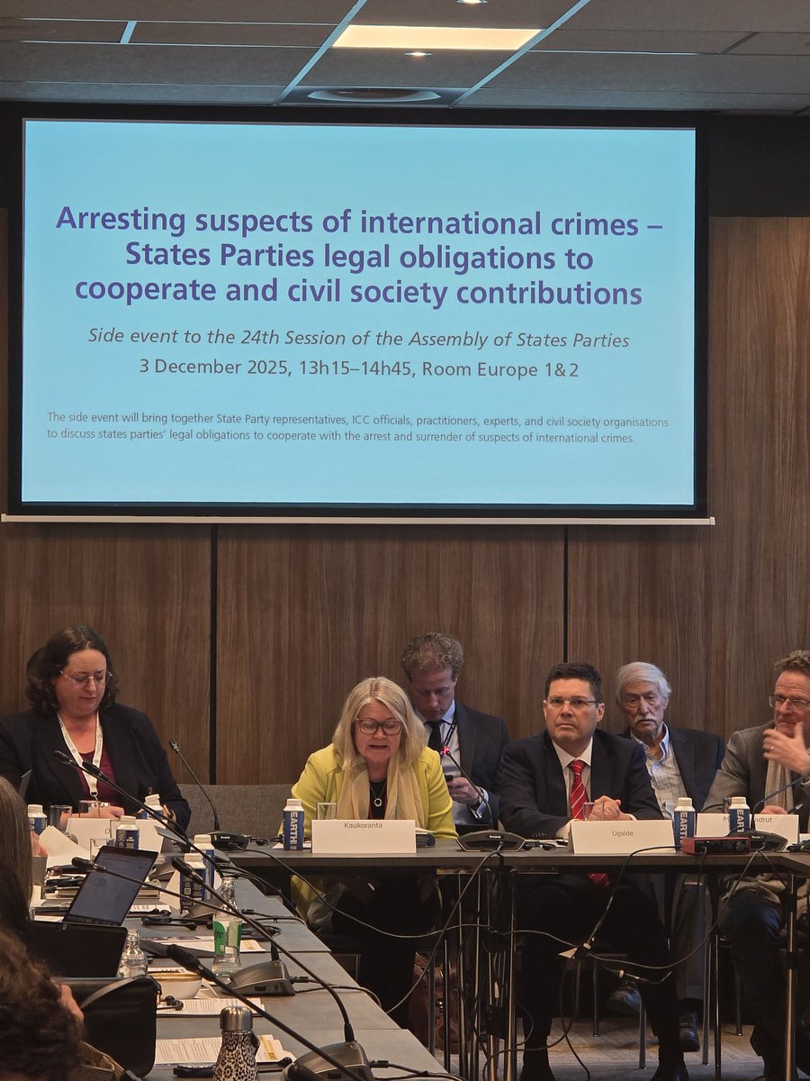 sevslv's tweet image. A packed and timely #ASP24 side event this afternoon w/@PASPKaukoranta, Judge Ugalde Godínez, State Party representatives, OTP staff, and CSOs, discussing SPs’ legal duties to cooperate with the ICC in arresting and surrendering suspects, and domestic legislation and practice.