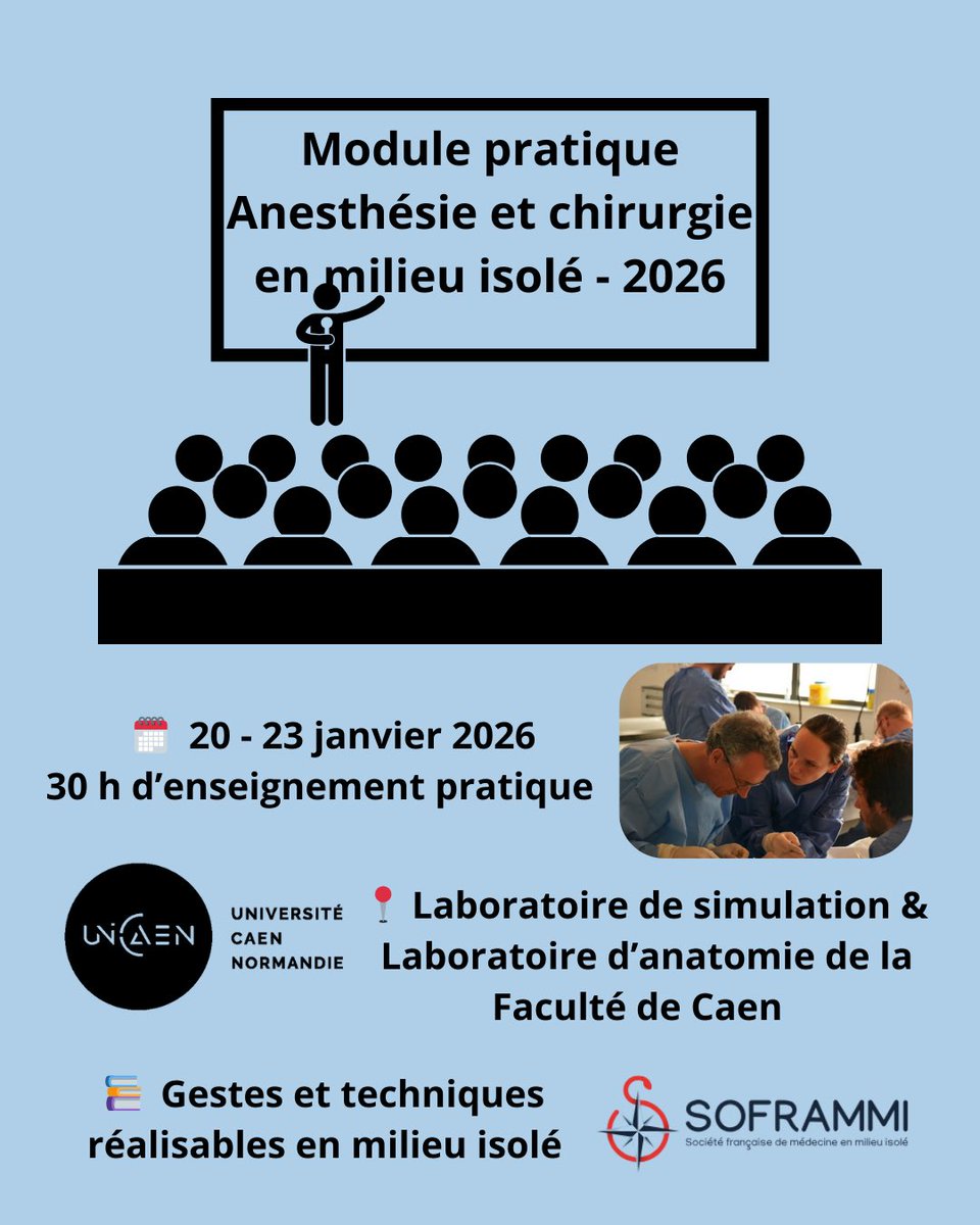 soframmi's tweet image. 🚨 Inscription au module pratique d’anesthésie / chirurgie en milieu isolé

📋 Au programme :
Réanimation et sédation pédiatrique, perfusion et ventilation chez l’adulte, ALR, césarienne…

Inscription avant le 15 décembre. Plus d’informations : sante.formationcontinue@unicaen.fr