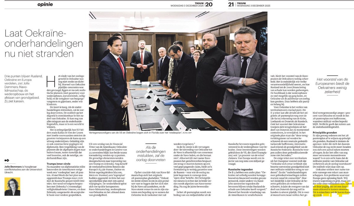 Prof Jolle Demmers <a href="/UniUtrecht/">Utrecht University</a> : "Wie stelt dat Oekraïne rug recht moet houden zou zich moeten afvragen: is dat het offer van nog meer verwoeste mensenlevens waard?
Laten we deze poging om tot een duurzaam akkoord te komen steunen. Dit is misschien wel de laatste kans op vrede."