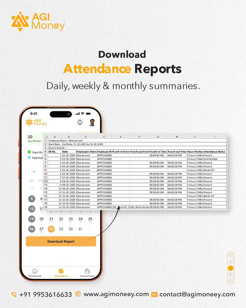 AGIMoneey's tweet image. Managing attendance shouldn’t be complicated.
With AGI Money’s Smart Attendance Automation, you get real-time punch in/out, live location validation, auto-reports, and a unified dashboard — all in one simple app.

#SmartAttendance #AGIMoney #WorkforceAutomation