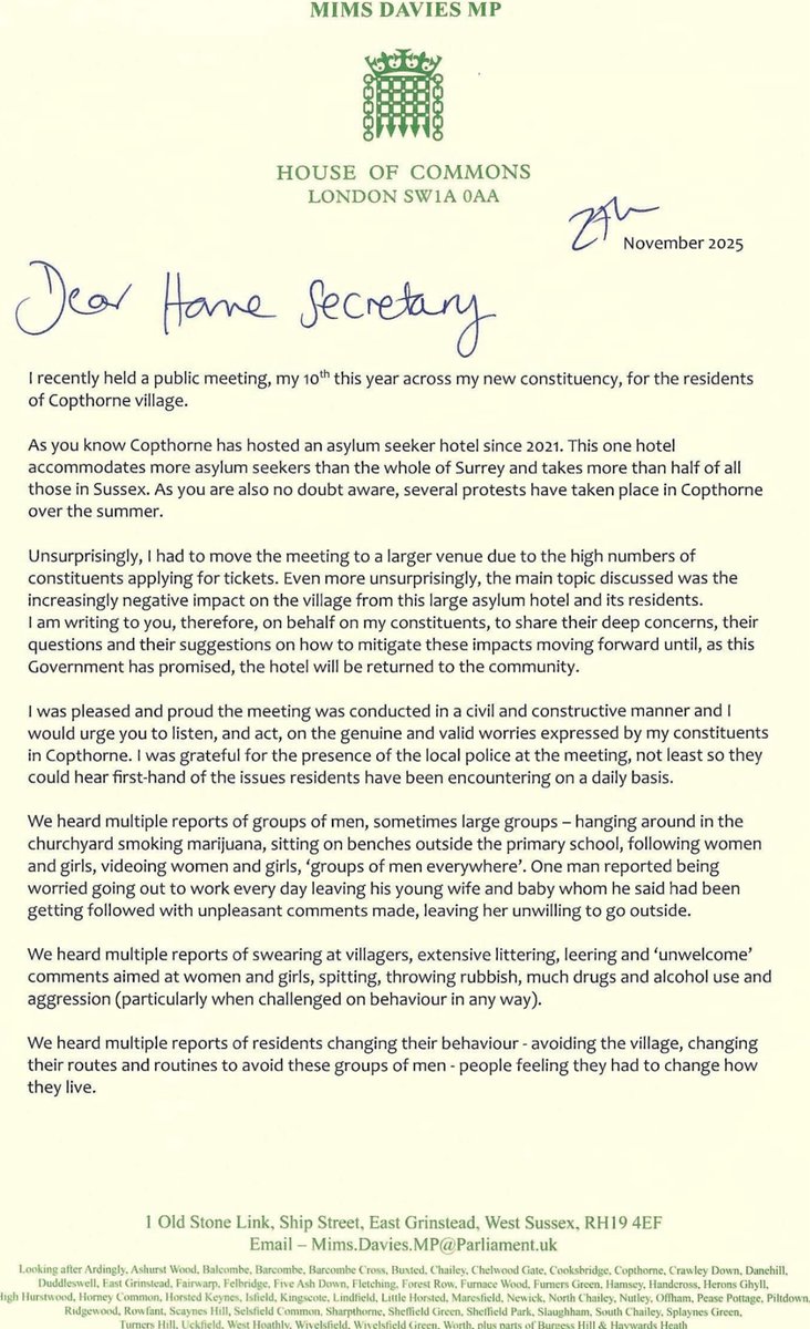 mimsdavies's tweet photo. 🎄🎅🏻🎁 On the 3rd Day of December...
👉 I’m sharing my letter to the #HomeOffice on asylum seekers in #Copthorne
💭 I recently held my Copthorne ‘Meet Mims’ event & residents shared questions they’d like raised, mainly around #illegalworking #curfews & #police presence
❌ Experiences shared with me involved the men leering at residents, the use of illegal drugs, swearing, littering, shoplifting, using subsistence cards for alcohol & more
✉️ This is beyond unacceptable & as soon as I receive a response I will be sure to update residents