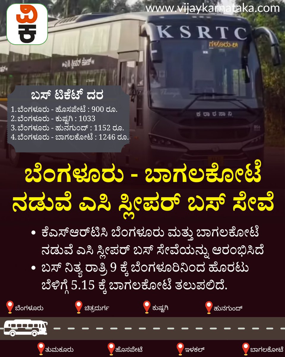 Vijaykarnataka's tweet image. KSRTC ಹೊಸ ಮಾರ್ಗದಲ್ಲಿ ಎಸಿ ಸ್ಲೀಪರ್ ಬಸ್‌ ಸೇವೆ ಆರಂಭ; ಎಲ್ಲಿಂದ ಎಲ್ಲಿಗೆ? ವೇಳಾಪಟ್ಟಿ ಏನು?
#ksrtc #ksrtcbus #acsleeper #ksrtcacbus #busservice
