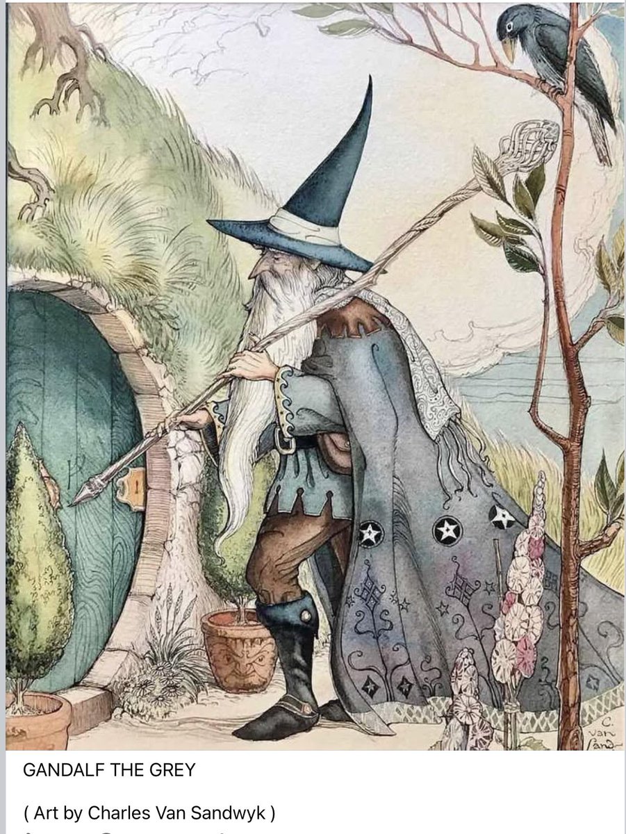ScorpioLisaM's tweet image. On #WizardWednesday we wear gray. #Gandalf art by the magical Charles Van Sandwyk. #coloroftheday #WednesdayVibes #Tolkien #TolkienFan