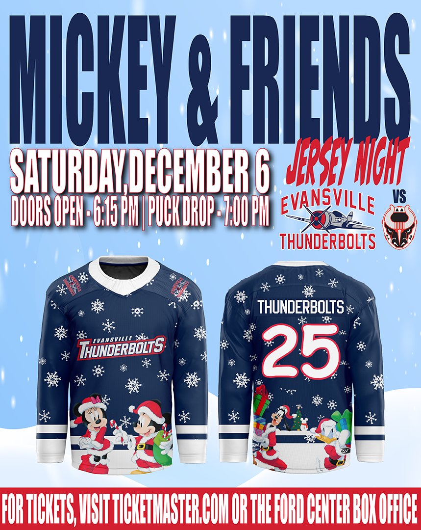 evvthunderbolts's tweet image. Oh boy! 🎅

Our Mickey &amp;amp; Friends Christmas jerseys hit the ice on Saturday, December 6 against the Birmingham Bulls. Puck drop is set for 7:00 pm!

Limited Mickey &amp;amp; Friends replica jerseys will be available for purchase on a first come, first serve basis at the merchandise stand…