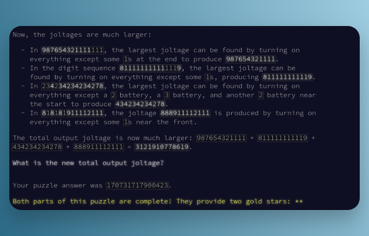aditya_an1l's tweet image. Completed &quot;Lobby&quot; - Day 3 - Advent of Code 2025 

adventofcode.com/2025/day/3 
#AdventOfCode