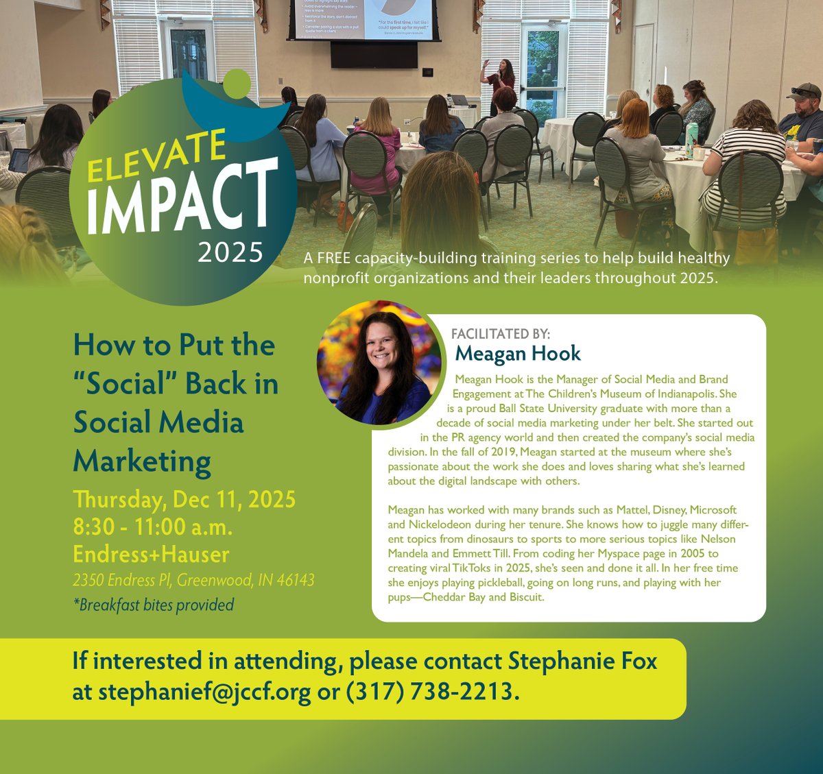 Our next Elevate Impact session, How to Put the “Social” Back in Social Media Marketing, will be on Thursday, December 11th at Endress+Hauser!  🎉