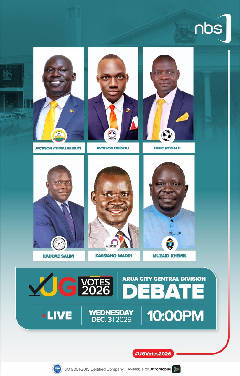 Battle of ideas live tonight 10pm <a href="/nbstv/">NBS Television</a> &amp; <a href="/afromobileug/">AfroMobile</a>,all the way from interested persons for <a href="/Parliament_Ug/">Parliament of Uganda</a>  from Arua City Central Division. 

#NBSDebate 
#UgVotes2026 
#NBSUpdates