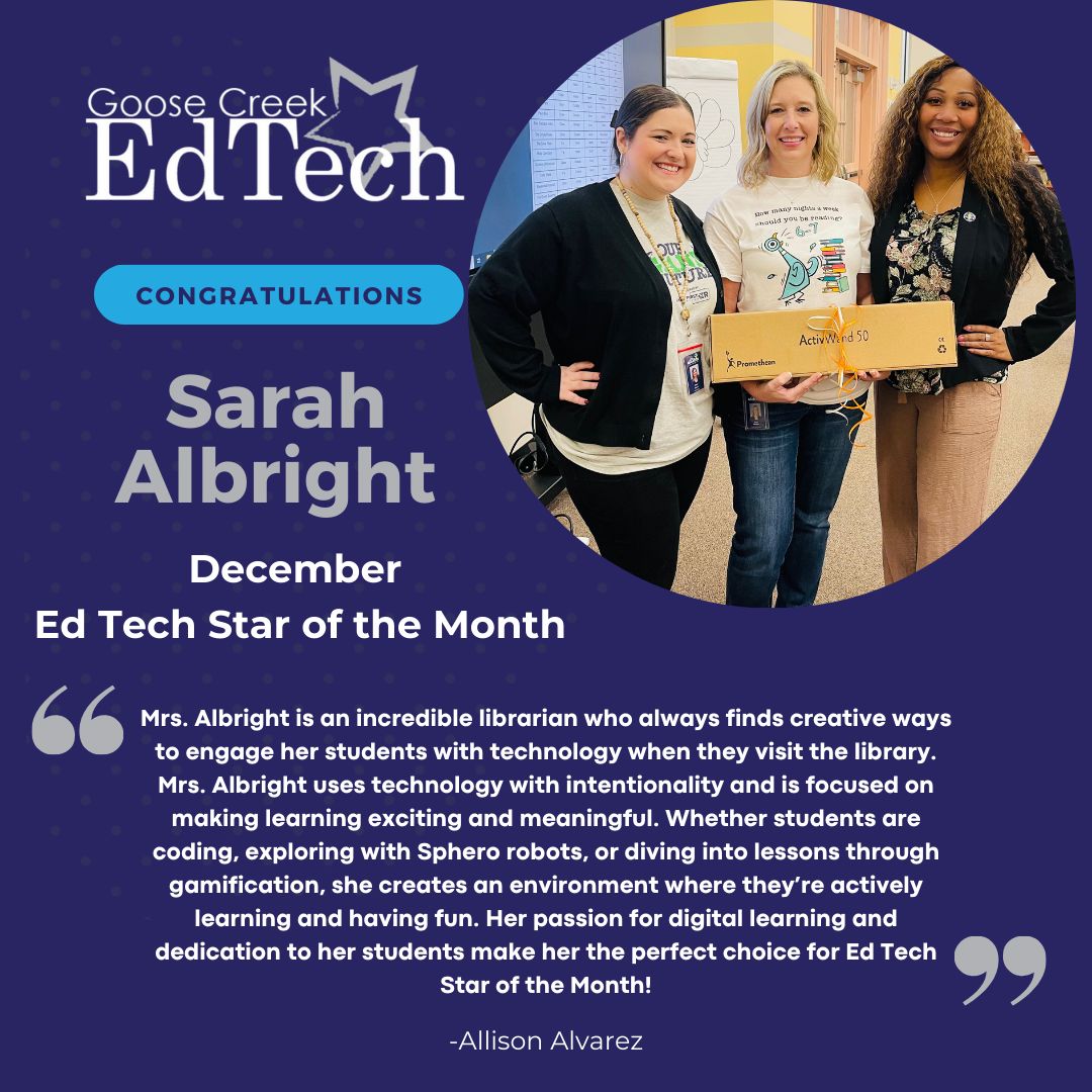 gccisd_edtech's tweet image. 🎉🌟 December EdTech Star Spotlight! 🌟🎉 Celebrate Sarah Albright, the remarkable Librarian at Travis Elementary, named December EdTech Star of the Month! Her passion for technology and learning shines every day! 💻📚✨Congratulations for inspiring students and staff! 👏🍎